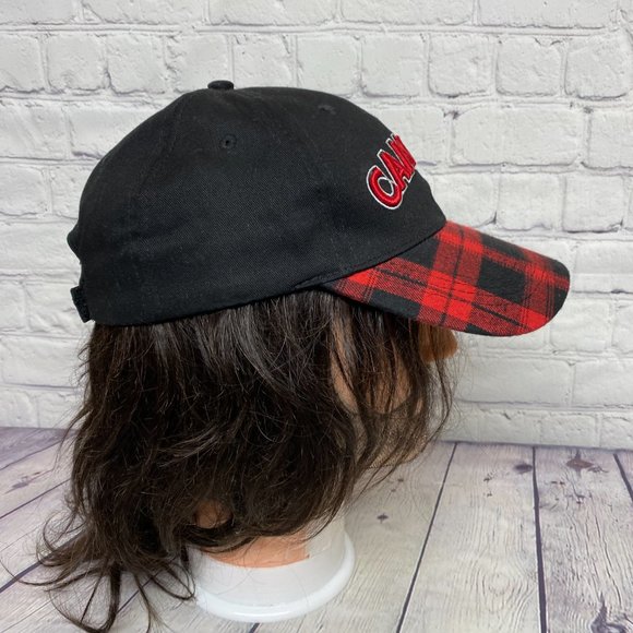 Canada Hat Cap Strap Back Red Plaid Bill Spell Out Embroidered 100% Cotton - Picture 2 of 8